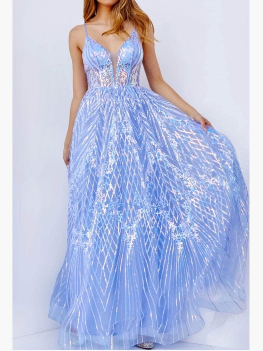 JVN by Jovani Sequin Gown and Earrings, size 4, periwinkle